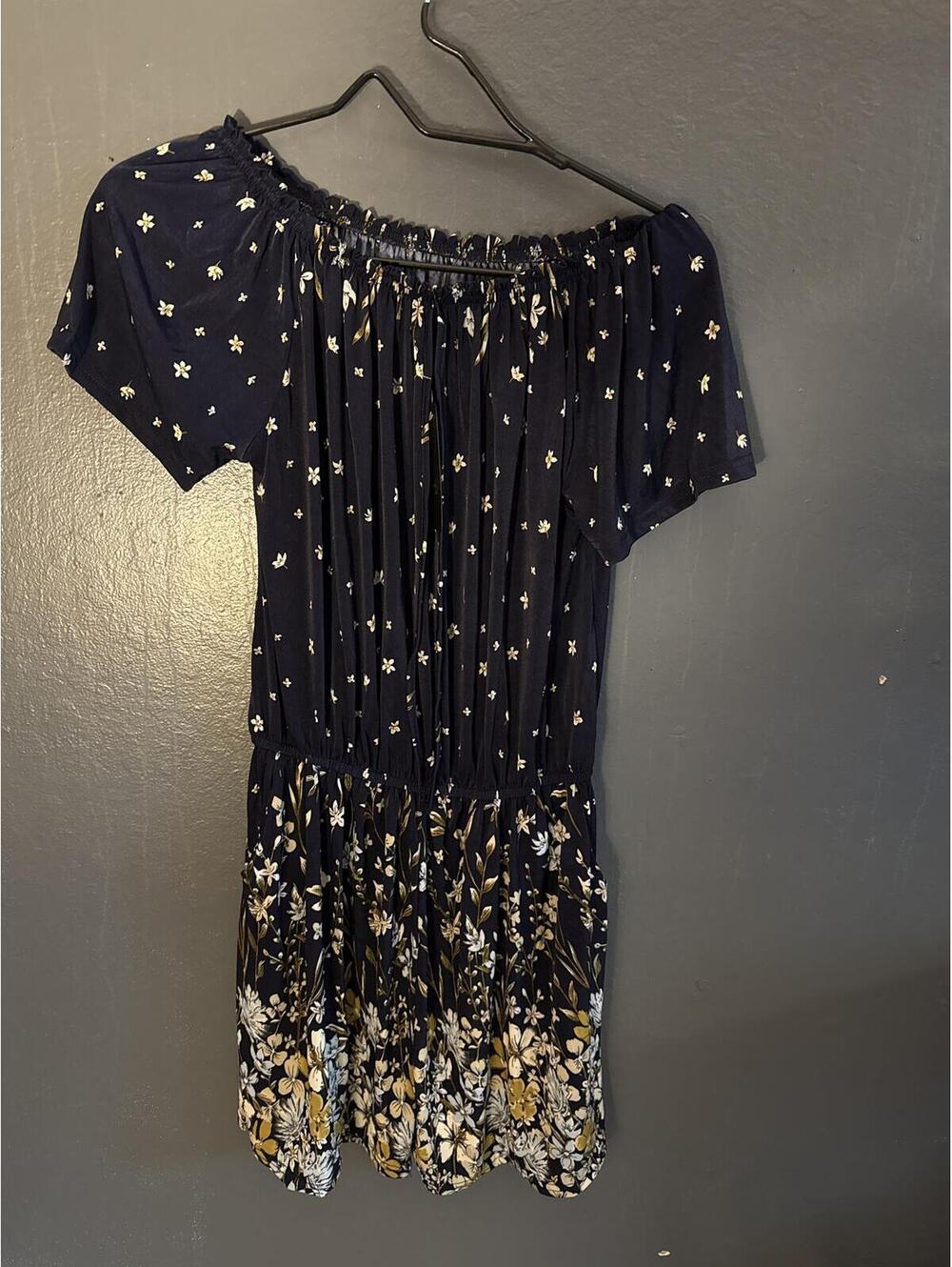 C-Mode Women's Navy and Cream Floral Off-Shoulder Short Sleeve Romper